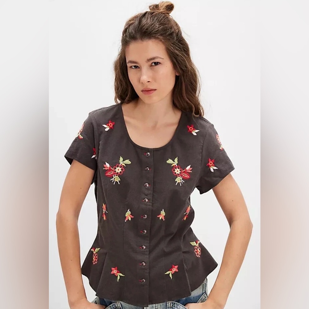 Free People Kelly Embroidered Short Sleeve Blouse